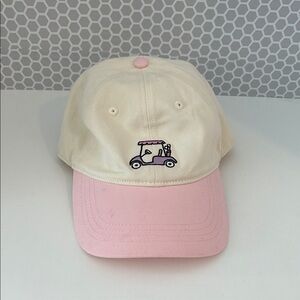 Women’s Golf Baseball Cap Pink & Cream w Golf Cart & Clubs Adjustable Strap